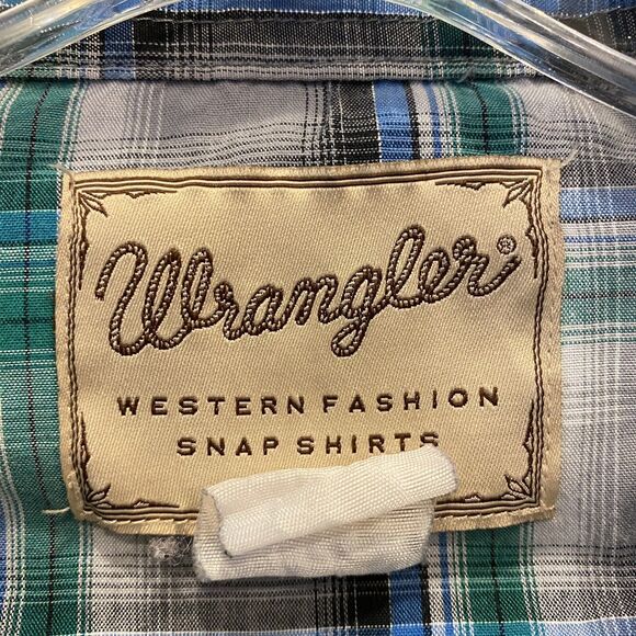 Vtg Wrangler Pearl Snap Button Plaid Green Western Silver Metallic Thread XXXL - Picture 3 of 9